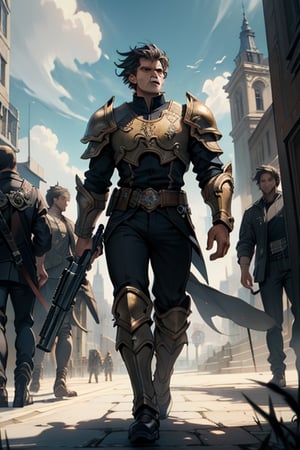 Take a deep breath and let's work step by step on this problem.expert consistency ,grimdark,a painting of a man holding a gun in front of a group of people in a city with tall buildings, Aleksi Briclot, warhammer, an ultrafine detailed painting, antipodeans,1girl, 6+boys, angel, armor, cloud, feathered wings, multiple boys, sky, statue, steampunk, tower, weapon, wings,High-res, impeccable composition, lifelike details, perfect proportions, stunning colors, captivating lighting, interesting subjects, creative angle, attractive background, well-timed moment, intentional focus, balanced editing, harmonious colors, contemporary aesthetics, handcrafted with precision, vivid emotions, joyful impact, exceptional quality, powerful message, in Raphael style, unreal engine 5,octane render,isometric,eyes,super detailed face and eyes and clothes,perfect depth,