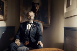  haunted photograph, man wearing bear suit, one man wearing tuxedo sitting in armchair, haunted room, analogue photograph, ,Details++