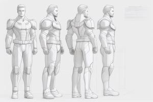 standing t-pose, front and sode orthographic views lined up, vertical guide lines, concept art, anatomical sketch lines, white background