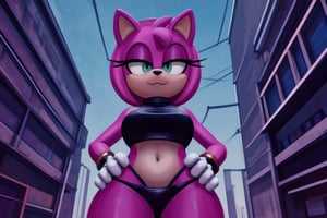 stylised fantasy sketch, watercolor), background - a futuristic cityscape with skyscrapers and flying cars, fullbody, a AmyRose standing with her hands on her hips, looming over viewer, behind her is a holographic billboard of herself, AmyRose, sophisticated, menacing look, looking at viewer), low camera angle, dynamic lighting, fluffy fur, detailed hair, atmospheric,More Detail,AmyRose,<lora:659111690174031528:1.0>