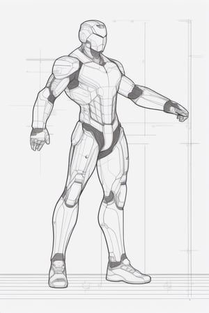 standing t-pose, front and sode orthographic views lined up, vertical guide lines, concept art, anatomical sketch lines, white background