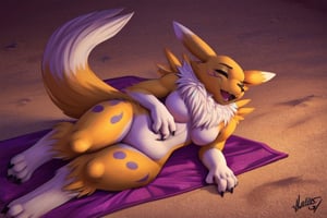 2D anime painting, textured brushstrokes, cold colors,female Renamon. muscular, laying on beach towel on his stomach. eyes closed, raised big rump. sleeping above viewer. naked ,breast. beach setting. Dynamic. front view, view not focused on his rump,,High-res, impeccable composition, lifelike details, perfect proportions, stunning colors, captivating lighting, interesting subjects, creative angle, attractive background, well-timed moment, intentional focus, balanced editing, harmonious colors, contemporary aesthetics, handcrafted with precision, vivid emotions, joyful impact, exceptional quality, powerful message, in Raphael style, unreal engine 5,octane render,isometric,beautiful detailed eyes,super detailed face and eyes and clothes,,Vaporeon,Renamon,<lora:659111690174031528:1.0>