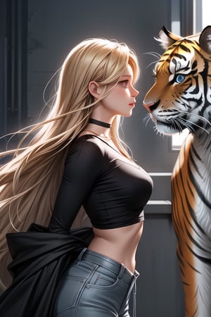 Take a deep breath and let's work step by step on this problem.expert consistency ,a woman with long blonde hair and a black shirt is standing in front of a wall with a tiger design, Caroline Chariot-Dayez, profile picture, a picture, neo-primitivism,1girl, choker, lips, long hair, solo, upper body,High-res, impeccable composition, lifelike details, perfect proportions, stunning colors, captivating lighting, interesting subjects, creative angle, attractive background, well-timed moment, intentional focus, balanced editing, harmonious colors, contemporary aesthetics, handcrafted with precision, vivid emotions, joyful impact, exceptional quality, powerful message, in Raphael style, unreal engine 5,octane render,isometric,eyes,super detailed face and eyes and clothes,perfect depth,Better clothing