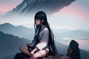 A young woman sits in a meditative pose high atop a mountain peak. The world below is shrouded in mist, creating a feeling of remoteness and tranquility. The only sounds are the distant calls of birds and the howling of the wind. Here, she finds inner peace amidst the majesty of nature. ,Details++