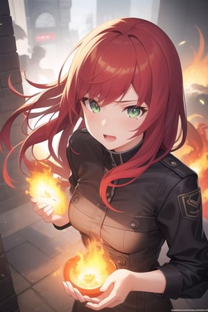 A girl is standing . In the background raging flames. And her red hair blowing in the wind. And she has  green eyes. black clothes,High-res, impeccable composition, lifelike details, perfect proportions, stunning colors, captivating lighting, interesting subjects, creative angle, attractive background, well-timed moment, intentional focus, balanced editing, harmonious colors, contemporary aesthetics, handcrafted with precision, vivid emotions, joyful impact, exceptional quality, powerful message, in Raphael style, unreal engine 5,octane render,isometric,beautiful detailed eyes,super detailed face and eyes and clothes,,Pixel art