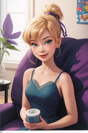 TinkerWaifu, wearing a purple ribbon, relaxing on the couch at home, carefully cleaning her cylindrical solid object. happy look on her face, 2d color comic book page.,High-res, impeccable composition, lifelike details, perfect proportions,tinkerWaifu