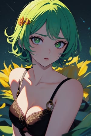a drawing of a woman with green hair and a bra top on her chest, with a black bra top, Artgerm, elegance, an anime drawing, rococo,1girl, artist name, bare shoulders, black dress, breasts, cleavage, collarbone, curly hair, dress, green eyes, green hair, grey background, looking at viewer, medium breasts, short hair, signature, solo, tatsumaki, upper body,High-res, impeccable composition, lifelike details, perfect proportions, stunning colors, captivating lighting, interesting subjects, creative angle, attractive background, well-timed moment, intentional focus, balanced editing, harmonious colors, contemporary aesthetics, handcrafted with precision, vivid emotions, joyful impact, exceptional quality, powerful message, in Raphael style, unreal engine 5,octane render,isometric,beautiful detailed eyes,super detailed face and eyes and clothes,,More Detail,Stickers,<lora:659111690174031528:1.0>