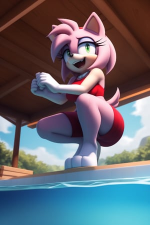 Take a deep breath and let's work step by step on this problem.expert consistency,dynamic action pose,FIBONACCI WATERMARK INVISIBLY DISPLAYED,,AmyRose is at a sunny tropical resort, waist deep in a beautiful swimming pool. She's laughing as she slaps her hand into the water, splashing it at the viewer, High-res, impeccable composition, lifelike details, perfect proportions, stunning colors, captivating lighting, interesting subjects, creative angle, attractive background, well-timed moment, intentional focus, balanced editing, harmonious colors, contemporary aesthetics, handcrafted with precision, vivid emotions, joyful impact, exceptional quality, powerful message, in Raphael style, unreal engine 5,octane render,isometric,beautiful detailed eyes,super detailed face and eyes and clothes,More Detail,