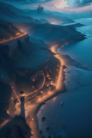 seascape, lighthouse on the cliffs, soundwave style ,firefliesfireflies,Details++