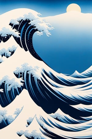 Create a post-modern painting merging the traditional Japanese woodblock print style of Hokusai with the digital video art style of Bill Viola. The subject is a dynamic seascape, reminiscent of Hokusai's "The Great Wave off Kanagawa," but with a digital, surreal twist as if from a high-definition video. The wave is captured in powerful motion, detailed in Hokusai's style but with a hyper-real digital quality. Use light and shadow to add depth and emotion, and create a contrasting serene sky in the background, blending minimalist and digital elements. Include human figures in a boat, combining Ukiyo-e style and contemporary representation, symbolizing human interaction with nature. The overall piece should evoke wonder, blending traditional and modern art in a unique, post-modern vision.