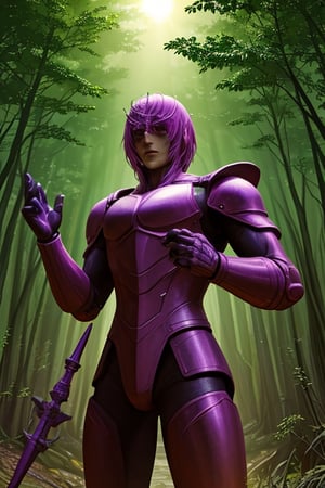 Humanoid being made of wood with branches and shoots that emerge from the joints of the leather armor he wears, in one of his hands stands a very powerful aorb of green light and in the other there is a bloody spear, guarding the entrance to a magical forest which emits slight glows of purple and green colors, the sun is at its maximum point.,More Detail,<lora:659111690174031528:1.0>
