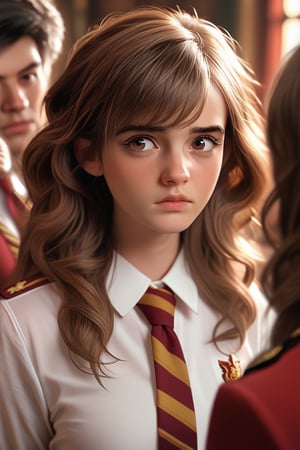 score_9, score_8_up, score_7_up, score_6_up, 18 yo girl, 18 yo boy,   female focus, Hermione Granger, bushy brown hair and brown eyes, long hair, gryffindor uniform, necktie, white shirt,hermione11granger