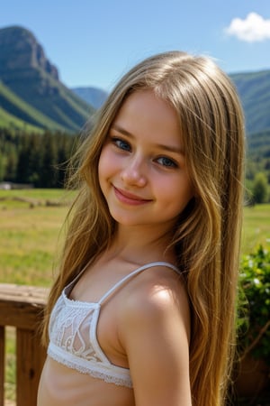 AIDA_LoRA_HanF ((Generate hyper realistic image of captivatin indoor scene featuring a beautiful cute smiling young preteen child girl with  blonde hair, pale blue eyes, masterpiece, (intricate details) highly detailed, vibrant, production film, ultra high quality, photography style, Extremely Realistic, (((Dramatic light))), mountain scenery, outdoor, daylight, wearing white  underwear, facing the camera