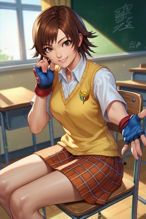 score_9, score_8_up, score_7_up, source_anime, solo, 1girl, asukaschool, smile, (brown hair:1.3), cute, looking at viewer, sitting, chair, yellow sweater, sweater vest, white shirt, short sleeves, fingerless gloves, plaid skirt, indoors, classroom, Asuka Kazama from TEKKEN 6 