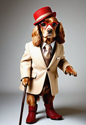 realistic photograph of an anthropomorphic Cocker Spaniel dog posing standing as a model, dressed in a beige couture suit, red scarf, small brown hat, round glasses, medium size English walking stick with silver sphere-shaped grip, perfectly straight cane, fashion photograph, highly detailed, anthropomorphic 