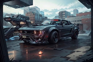 (stealthtech:1.3)
(cyberpunk) (retro zeekars) mustang (black car:1.3) (with glowing rims), (wide tires)

Black car, in a cyberpunk city, night city, night sky the car with guns 

