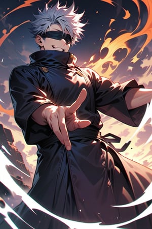 (1 male,satoru gojo,jujutsu kaisen,Gray Hair,Spiky hair),(Gojo Satoru Costume Details:Black clothes with a high collar,Black blindfold), (Infinite Emptiness)Draw a scene from,BREAK,(Lift the blindfold to reveal one eye:Blue Eyes:A pale flame rises from your eyes:Pale-white flame effect rising from one eye,Eye details:The look in the man&#39;s eyes as he prepares to unleash his special move),BREAK,(Make a palm seal with one hand:Cross your index and middle fingers),Cynical smile,,tall,A highly likeable male character,Rising Energy,Ishida Midori Style,I was impressed by Yoshihiro Togashi.,,Intricate details,Wind,Impressive illustration work,Decadent,artwork,Perfect Anatomy,Anatomically correct,,Dynamically,nice,wonderful,Dark fantasy,Light and Darkness,Coming this way,(masterpiece:1.3),(highest quality:1.4),(ultra detailed:1.5),High resolution,extremely detailed,unity 8k wallpaper