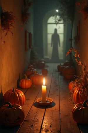 Craft an incredibly realistic Halloween scene with photographic precision, focusing on the interplay of light and shadow. At the center of this hyper-detailed image is a candle whose flame burns with an almost tangible warmth, illuminating the intricacies of its waxy texture and the delicate wicks standing resolute. The walls around it are alive with the shadows of spectral figures, each one meticulously rendered to embody the translucence and ethereal nature of ghosts, as if each had a story to tell. Capture every nuance of the flickering light as it dances erratically, projecting a symphony of shadow play in perfect harmony with the surrounding decor—a rustic hallway lined with subtle hints of autumnal decor: pumpkins with delicate carvings, dried corn husks, and cobwebs that glisten in the candlelight. The realism should be so immersive that it feels as though one could step into the scene, hearing the faint crackle of the flame and the gentle creak of an old wooden floor.