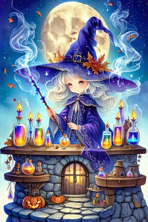 Perched atop a windy hill, in a small tower whose windows glow with the hues of Halloween enchantment, a young girl is immersed in a whimsical world of her own creation. Her witch's costume is a marvel of sophistication and fun — a deep indigo cloak with silver embroidery, a wand of crystalline beauty clasped in her hand, and a playful pointy hat. She is the heart of this kaleidoscope of wonder, where colorful vials line the tables and shelves, casting a vibrant tapestry of light across the stone floors. Potions burble harmoniously, their iridescent layers shifting with every magical incantation whispered into the air. Surrounding her are wisps of luminescent smoke shaped into floating figures that tell stories of old, illuminated by the flickering of ethereal candles. It’s a space alive with joy, every nook resonant with the jubilant echoes of delighted discovery. The scene is a harmonious lullaby of enchantment and cheer, a vivid celebration of youth, imagination, and the timeless magic of play, resting under the watchful gleam of a harvest moon.