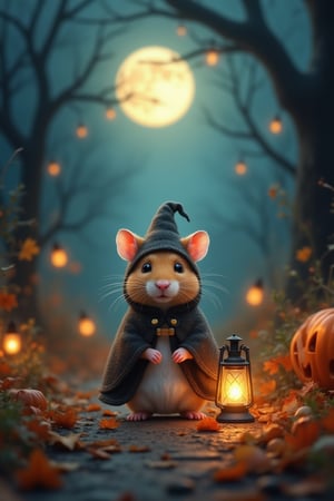 Visualize a scene as if it were woven into a bard's ballad, evoking the whimsical yet eerie atmosphere of Halloween with a charming hamster at its heart. The hamster, clothed in an intricately detailed Halloween costume, stands amidst an enchanted night. The moon hangs low and luminescent, casting gentle, silver beams that kiss the autumn leaves and illuminate the path. Craft an image rich in narrative depth, where every element tells part of a magical tale — the glow of lantern light flickering against the hamster’s tiny cloak, the faint whisper of wind rustling through skeletal trees, and distant whispers of laughter and rustle. Capture the delicate balance between the festive joy and the haunting allure of Halloween night, woven seamlessly through the vivid storytelling canvas.