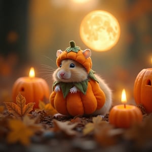 In the midst of an amber-lit grove where orchard scents pervade the crisp HALLOWEEN air, a scene of delightful wonder unfurls. Here, nestled within a bed of scattered autumn leaves, a beguilingly cute hamster dons its festive disguise—a pumpkin costume. The costume, crafted from hues of ripe orange interlaced with verdant details, encapsulates the essence of a harvest charm. Each curve of its pumpkin body softens under the ethereal glow of a haloed moon and echoes the playful whimsy of the season. As fragrant breezes stir and nudge the playful whispers of nature, this charming hamster twitches its tiny nose and trots amidst the luminescence cast by flickering candles nestled within carved jack-o-lanterns. A serenade of crickets accost the ears as this adorable vignette filters dreams of a HALLOWEEN fantastique—a visual symphony of cuteness and folklore.