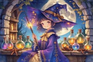 In the heart of a mystical forest, where whispers of ancient secrets hide within the rustling leaves, stands an old alchemical atelier. Inside, illuminated by the soft glow of Halloween lanterns, a cute young girl, perhaps no older than ten, dons the whimsical costume of a witch. Her wide-brimmed hat, tilted at a charming angle, casts a mischievous shadow across her face. Her robe, a kaleidoscope of midnight blues and purples, boasts stars embroidered with golden thread that shimmer like distant galaxies. Around her, a symphony of spectral hues dances as colorful potions in glass vials reflect the flickering candlelight, casting an array of fantastical shadows upon the stone walls. The scene brims with enchantment and anticipation, as the air is alive with the scent of cinnamon and ever-so-slightly burnt magic. Tiny sparks of light erupt sporadically from the tips of her wand, an ancient artifact intricately crafted from elderwood and engraved with runes that hum with a life of their own. She giggles, a sound as bright as her surroundings, filled with the joy of discovery and play. Outside the window, the moon hangs like a giant pearl against the velvet sky, watching over this harmonious blend of whimsy and arcane secrets.