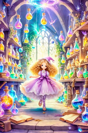 Imagine a spacious chamber filled with a delightful array of magical curiosities, every corner unbeknownst to order yet steeped in charm. A young girl, her hair a cascade of golden curls, is dressed as a whimsical witch. Her attire is a sweet blend of pastel pinks and lavenders, adorned with lace and ribbons that flutter playfully as she moves. Her eyes sparkle with excitement, reflecting the vivid colors of the numerous potions stored in crystalline vials adorning the shelves. Each potion glows with its own unique hue — from the deep emerald of dragon scales to the brilliant opalescence of phoenix feathers. The room is alive with the soft chime of glass vials tinkling together and the rustling of ancient pages as an enchanted book flips pages by itself, whispering spells long ago written. Floating above her, enchanted orbs cast a gentle, ethereal light, amplifying the room’s mystical aura. The girl prances around, delighting in the magical melodies that only a child attuned to the wonders of the world can hear. It is a place where imagination runs rampant, casting a spell of joy and wonder that is felt as warmly as the fire crackling in the nearby hearth, reflected in her innocent eyes.