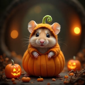 Upon an evening bathed in the silken whispers of the west wind, where every rustle tells a tale of HALLOWEEN allure, a theatrical vision unfolds. Within a quaint, lantern-decorated alcove, an irresistibly cute hamster, swaddled in a snug pumpkin ensemble, captivates the heart. Its costume, an effusion of rich tangerine, glistens as though kissed by a loving sunbeam. Tiny, hand-stitched eyes on its round costume glimmer with charm, while a spry green tendril headband curves playfully atop its head—a whimsical homage to nature's creation. This tiny performer, amidst the willow that sways in gentle concord with the night’s melody, triumphantly brings acclaimed prestige to the art of fantasy predicament. As an owl hoots its distant call, the harmony of HALLOWEEN sweetens in this enchanting tableau, portraying a harmonious blend of cuteness enveloped in the season's beckoning mystery.