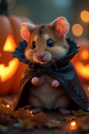 Craft an image that captures the impeccable detail of reality, featuring an ultra-cute hamster in a meticulously detailed Halloween costume. Each fur strand of the hamster should be rendered with photorealistic precision, highlighting its curious eyes and expressive features. Its costume is a perfect rendition of a tiny vampire cloak, complete with satin-like texture and finely embroidered details echoing classic gothic motifs. The scene around it is a hyper-detailed setting of a Halloween night, with lifelike carved pumpkins illuminating the background, casting realistic shadows and an array of twinkling lights reflecting off the hamster's shiny eyes. The overall image should be so lifelike that it feels as though you could reach out and touch the textures, evoking awe and admiration for its precision.