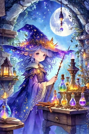 In the heart of a mystical forest, where whispers of ancient secrets hide within the rustling leaves, stands an old alchemical atelier. Inside, illuminated by the soft glow of Halloween lanterns, a cute young girl, perhaps no older than ten, dons the whimsical costume of a witch. Her wide-brimmed hat, tilted at a charming angle, casts a mischievous shadow across her face. Her robe, a kaleidoscope of midnight blues and purples, boasts stars embroidered with golden thread that shimmer like distant galaxies. Around her, a symphony of spectral hues dances as colorful potions in glass vials reflect the flickering candlelight, casting an array of fantastical shadows upon the stone walls. The scene brims with enchantment and anticipation, as the air is alive with the scent of cinnamon and ever-so-slightly burnt magic. Tiny sparks of light erupt sporadically from the tips of her wand, an ancient artifact intricately crafted from elderwood and engraved with runes that hum with a life of their own. She giggles, a sound as bright as her surroundings, filled with the joy of discovery and play. Outside the window, the moon hangs like a giant pearl against the velvet sky, watching over this harmonious blend of whimsy and arcane secrets.