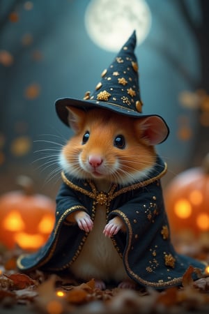 Imagine a scene painted with words from a bard's song: a moonlit Halloween eve, bathed in silvery glow and shadowed mystery, where a sweet, charming hamster dons an exquisitely crafted Halloween costume. The costume is a tapestry of enchantment, stitched with spider silk threads, adorned with tiny glimmering stars, and topped with a tiny, enchanted wizard's hat. The background is a picturesque landscape of softly glowing jack-o'-lanterns and whispering autumn leaves, gently rustling in the night breeze. The overall ambiance is one of wonder and whimsy, evoking the magical atmosphere of All Hallows' Eve, as if every detail sings with the poetry of an ancient, cherished tale.