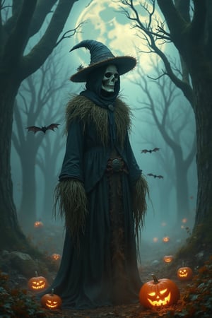 Design an image that blends Halloween with the mysterious allure of gothic fantasy. The character, garbed as a scarecrow, stands in a moonlit glade, surrounded by fog-enshrouded trees whose twisted branches reach out like skeletal fingers. Their costume is a patchwork of eerie elegance: silken threads intertwine with rough straw, and their sinister mask hints at ancient secrets. Luminescent jack-o'-lanterns flicker with spectral light, casting elongated shadows that dance across the forest floor. Bats flit through the night, their wings whispering secrets of the past. The atmosphere should evoke a timeless, haunting beauty, where each detail serves to enhance the mystical and foreboding charm of a world caught between reality and spooky legend.