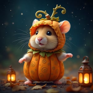 Underneath a starlit canopy where constellations speak the language of lore, a diminutive figure regales the HALLOWEEN night with its charming presence. Behold, a hamster of unrivaled adorability adorned in a pumpkin costume the color of a sunrise over ripening fields. This garb, meticulously fashioned, boasts swirling patterns of gold that interlace like a vine's tender embrace, matched with curled faux tendrils sprouting whimsically from its top. The ensemble imbues a sense of joyous pageantry unique to the season. Amidst the sway of shadows that mimic an ancient dance, this endearing creature scampers with vivacity, its petite paws grazing the earth with joyful exuberance. Encircled by the flicker of LANTERN light and the rustling murmur of breeze-touched leaves, this captivating tableau of heartwarming whimsy shines as a beacon of HALLOWEEN delight, harmonizing the adorable with the season's mystic allure.