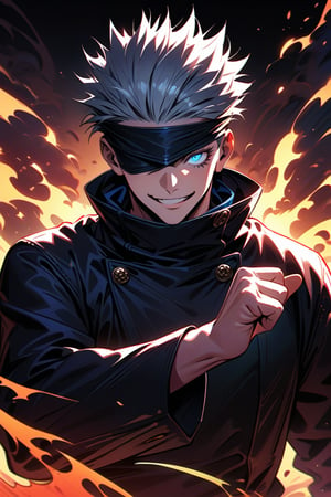 (1 male,satoru gojo,jujutsu kaisen,Gray Hair,Spiky hair),(Gojo Satoru Costume Details:Black clothes with a high collar,Black blindfold), (Infinite Emptiness)Draw a scene from,BREAK,(Lift the blindfold to reveal one eye:Blue Eyes:A pale flame rises from your eyes:Pale-white flame effect rising from one eye,Eye details:The look in the man&#39;s eyes as he prepares to unleash his special move),BREAK,(Make a palm seal with one hand:Cross your index and middle fingers),Cynical smile,,tall,A highly likeable male character,Rising Energy,Ishida Midori Style,I was impressed by Yoshihiro Togashi.,,Intricate details,Wind,Impressive illustration work,Decadent,artwork,Perfect Anatomy,Anatomically correct,,Dynamically,nice,wonderful,Dark fantasy,Light and Darkness,Coming this way,(masterpiece:1.3),(highest quality:1.4),(ultra detailed:1.5),High resolution,extremely detailed,unity 8k wallpaper