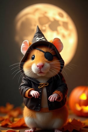 Conceive an ultra-realistic representation capturing the essence of Halloween in photographic precision. Frame a scene dominated by a strikingly vivid full moon, its surface intricately detailed to reveal its celestial texture and luminous brilliance. Below, position an adorably realistic hamster, every strand of its fur captured with meticulous attention to detail. Dress this tiny creature in a charming Halloween outfit, perhaps a little pirate costume with an eye patch and a small hat, casting a playful shadow across its features. The lighting should accentuate the softness of the hamster's fur, creating an interplay of light and shadow that mirrors the serene yet eerie ambiance of Halloween night. Surround it with a meticulously rendered autumnal setting—crisp leaves, a softly glowing jack-o’-lantern in the background—creating a tableau that feels both intimate and vividly alive.