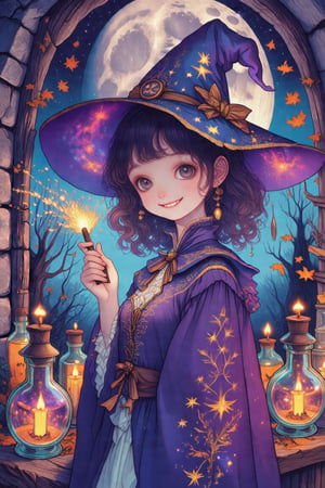 In the heart of a mystical forest, where whispers of ancient secrets hide within the rustling leaves, stands an old alchemical atelier. Inside, illuminated by the soft glow of Halloween lanterns, a cute young girl, perhaps no older than ten, dons the whimsical costume of a witch. Her wide-brimmed hat, tilted at a charming angle, casts a mischievous shadow across her face. Her robe, a kaleidoscope of midnight blues and purples, boasts stars embroidered with golden thread that shimmer like distant galaxies. Around her, a symphony of spectral hues dances as colorful potions in glass vials reflect the flickering candlelight, casting an array of fantastical shadows upon the stone walls. The scene brims with enchantment and anticipation, as the air is alive with the scent of cinnamon and ever-so-slightly burnt magic. Tiny sparks of light erupt sporadically from the tips of her wand, an ancient artifact intricately crafted from elderwood and engraved with runes that hum with a life of their own. She giggles, a sound as bright as her surroundings, filled with the joy of discovery and play. Outside the window, the moon hangs like a giant pearl against the velvet sky, watching over this harmonious blend of whimsy and arcane secrets.