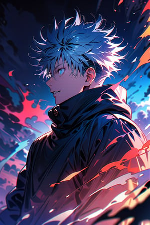 (1boy,gojou satoru,jujutsu kaisen),,Intricate details,Wide range of colors,artwork,rendering,(masterpiece:1.3),(highest quality:1.4),(Super detailed:1.5),High resolution,Very detailed,unity 8k wallpaper,Decadent,Wind