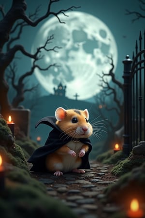 Create a scene infused with the gothic charm and whimsy that encapsulates the Halloween spirit, blending elements of both darkness and delight. In the foreground, present a charmingly cute hamster, perhaps dressed as a tiny vampire, complete with a miniature cape and curly fangs. The full moon looms large in the background, casting an alluring silver light that throws the landscape into tantalizing contrast. Surround the hamster with a setting of twisting branches, perhaps a haunted forest or an ancient cemetery, filled with the play of shadowy forms and flickering lights that evoke a sense of mystery. Introduce subtle Gothic architectural elements—a wrought iron gate, a silhouette of an old house on a hill—enhancing the storybook feel. Ensure the ambiance captures both the spooky thrill and the enchanting playfulness that make Halloween an enduring fantasy.