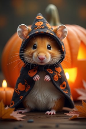 Design a hyper-realistic image of a hamster dressed in a meticulously detailed Halloween costume. Every element should be captured with striking precision, as if viewed through a professional photographer's lens. The hamster's fur should display individual strands with a soft, natural sheen. Its costume might consist of tiny, stitched fabrics mirroring classic Halloween symbols like tiny witch hats or ghostly capes, textures that are tactile and lifelike. The background should feature a richly detailed Halloween scene: a carved pumpkin with candlelight flickering from within, casting realistic shadows and highlights; leaves on the ground capturing the crispness of the season. Each aspect, from shadows to highlights, must exhibit profound detail and clarity, creating an image that feels both palpable and vividly immersive.