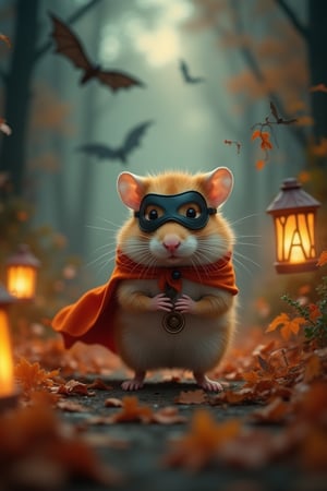 Visualize a climactic scene from a Halloween-themed film, where a super adorable hamster, dressed in an epic Halloween costume, becomes the unexpected hero of the story. The costume is a tiny, dramatic cape with a heroic mask that sparks a sense of adventure. Capture the scene in mid-action, as the hamster embarks on a thrilling quest through a miniaturized version of a spooky, enchanted forest. Surrounding it are dynamic elements like fluttering bats, swirling autumn leaves, and flickering lanterns that highlight the dramatic lighting typical of a movie's key moment. The atmosphere is pulsing with excitement and suspense, encapsulating the spirit of Halloween night in a way that breathes life into the cinematic narrative.