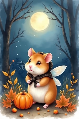 Imagine a delicate watercolor scene depicting a serene Halloween night. The full moon should be a softly glowing presence in the sky, its light diffusing gently across the paper, casting a magical glow over the landscape. Within this tranquil setting, portray an utterly adorable hamster, clothed in a quaint Halloween-themed garment – perhaps a gentle fairy with translucent wings that shimmer subtly in the moonlight. This sweet creature becomes the heart of the scene, nestled among gently illustrated autumn leaves that carry the hues of a faded sunset. The colors should blend softly, evoking a sense of lightness and whimsy, inviting the viewer into a world where Halloween magic meets the gentle artistry of watercolor, surrounding the hamster with a sense of wonder and gentle charm.