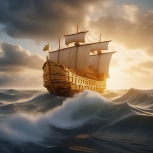 A golden wood Noah's Ark sailing in the middle of the ocean, rushing through the frame, hyper realistic lifelike texture, Masterpiece, award winning photo, 8k uhd, film grain, extremely delicate and beautiful, soft lighting, high quality, highres, sharp focus, detailed, during the day, cinematic lighting, 8k uhd,