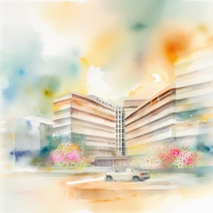 Abstract watercolor art of a building surrounded by flower