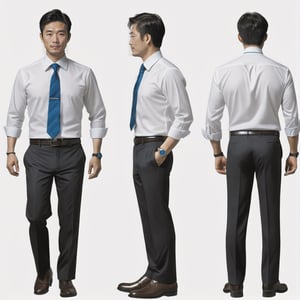 Front View, Side View, Back View, Realistic ,李有山, 40 years old, man, Black pupils, (short hair:1.2, black hair), Hermes suits, shirt, blue necktie, Coffee colored belt, (watch:1.4), (white background:1.2), photo r3al