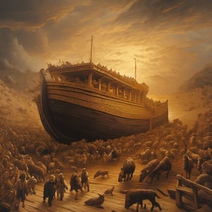 Noah's Ark, rushing through the frame, golden wooden hull,