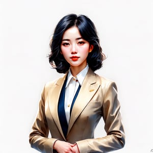 1girl, solo, looking at viewer, short hair, simple background, shirt, black hair, long sleeves, white background, brown eyes, closed mouth, jacket, white shirt, upper body, collared shirt, artist name, lips, black jacket, buttons, watermark, formal, own hands together, suit, realistic, nose