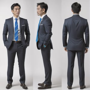 Front View, Side View, Back View, Realistic ,李有山, 40 years old, man, Black pupils, (short hair:1.2, black hair), suit, shirt, blue necktie, Coffee colored belt, (watch:1.4), (white background:1.2), photo r3al