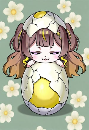 1girl, solo,((anya melfissa )),  egg, inside an egg, egg shell, big egg, cracked egg, eggcelent,  :3, chibi, smug, happy,  floral background