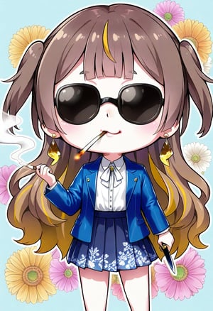 1girl, solo,((anya melfissa )), jewelry,holding a gun.  skirt, smoke, jacket, chibi, sunglasses, joyful,   , earrings, shirt, cigarette, brown hair, smoking, holding a dagger, looking at viewer, blue jacket, floral background, white shirt, pleated skirt, long sleeves, blue skirt,     , collared shirt, flower, open jacket, mouth hold, open clothes