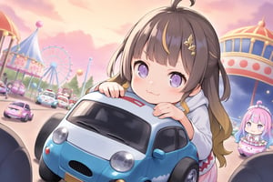 solo focus, masterpiece, best quality, high quality, (((3girl)))   (anya melfissa, himemori luna, gawr gura)  ,best quality, extremely detailed, best quality, amusement park,
hololive, purple eyes, ,   , (loli,chibi), :3, ((bumper cars ))